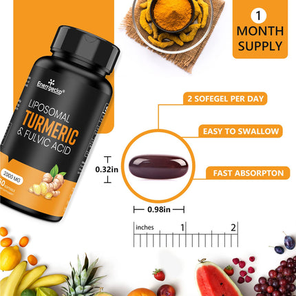 Enerrgecko 2000 mg Liposomal Turmeric Curcumin Softgels - Black Pepper & Ginger, Fulvic & Humic Acids, 3-Month Supply