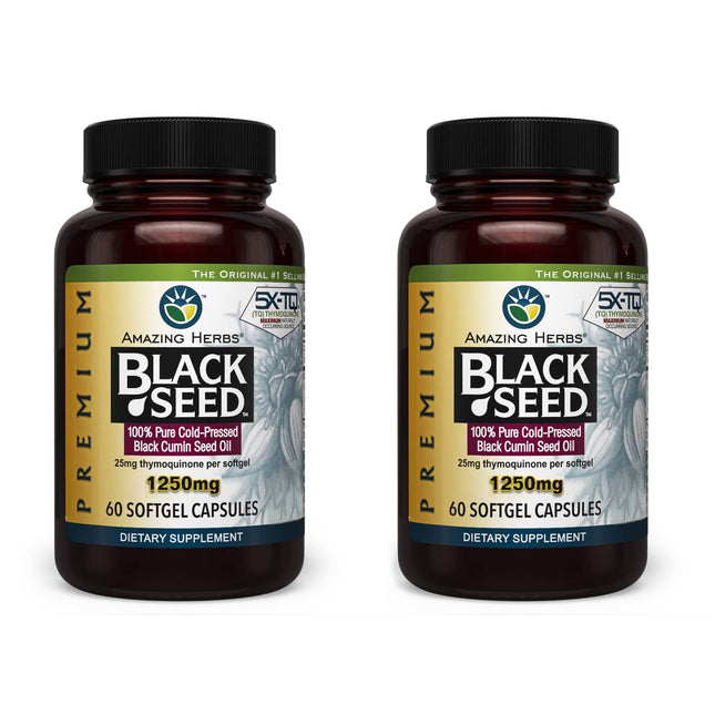 Amazing Herbs Premium Black Seed Oil Capsules - 1250mg, Cold-Pressed Nigella Sativa, 60 Count (Pack of 2)