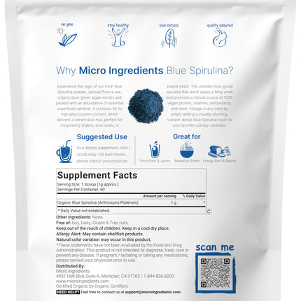 Organic Blue Spirulina Powder (Phycocyanin Extract) – 60 Servings – 100% Vegan