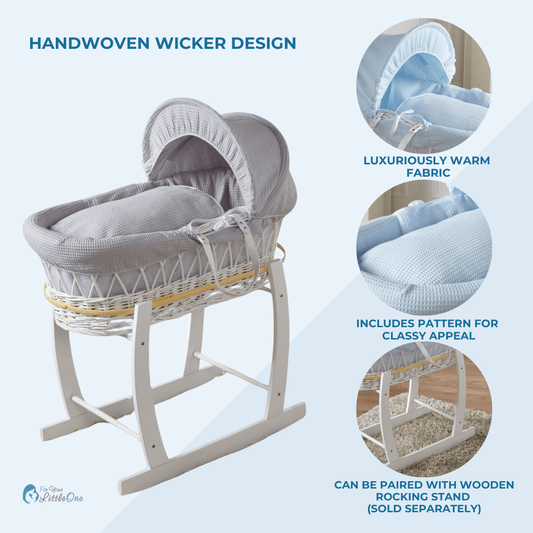 Blue Waffle Grey Wicker Baby Moses Basket With Stand