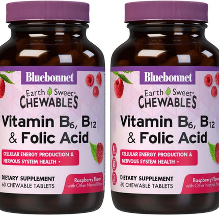BlueBonnet Nutrition Earth Sweet Vitamin B6, B12 & Folic Acid Chewable – Raspberry – Vegan, Gluten Free – 60 Tablets Pack of 2