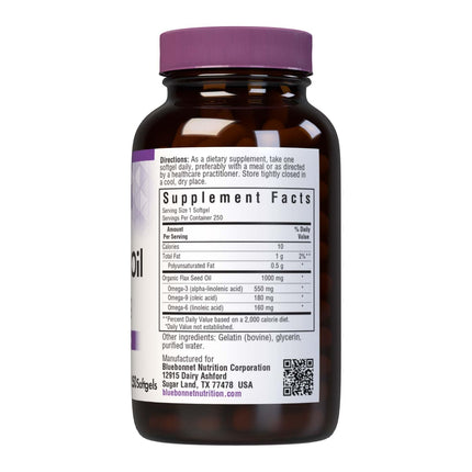 BlueBonnet Flax Seed Oil 1000 mg - Omega 3 6 9 - Cold-Pressed Organic, 250 Softgels