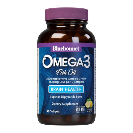 BlueBonnet Omega-3 Brain Formula – Wild-Caught DHA 1000 mg, EPA 210 mg | Burpless Lemon Softgels