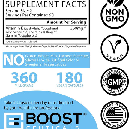 BoostCeuticals Vegan Vitamin E Gamma Tocopherol – 180mg Gamma E per Serving – Non-GMO, Gluten Free – 180 Capsules