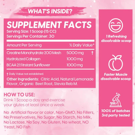 Booty Pump Formula for Women – Pink Lemonade Creatine + BCAAs + Collagen
