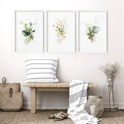 Botanical Wall Art Set of 3 | Sage Green & Gold Prints