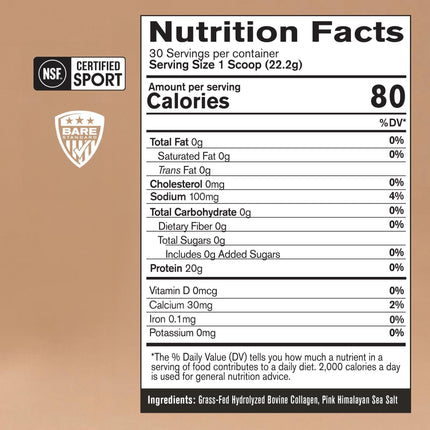 BARE PERFORMANCE NUTRITION Collagen Protein – Grass-Fed Bovine Peptides, Unflavored, 30 Servings