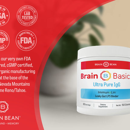 Brain Basics Ultra Pure IgG Supplement – Dairy-Free IgG-Immunolin Powder, 150g, 60 Servings