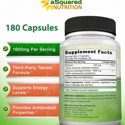 aSquared Garcinia Cambogia 1600mg – 180 Capsules | Ultra HCA