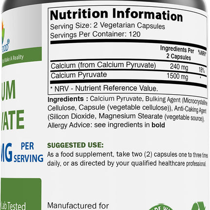 Brieofood Calcium Pyruvate 1500mg per Serving – 240 Vegetarian Capsules (2-Pack)