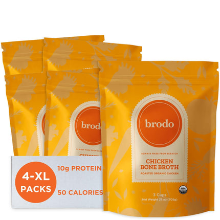 Brodo Organic Chicken Bone Broth with Collagen — Low Sodium, Protein-Rich (4x25 oz Pouches)
