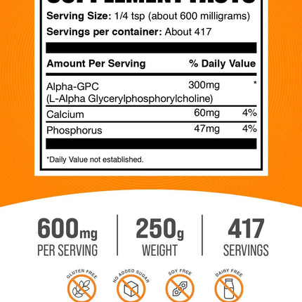 BulkSupplements Alpha GPC Powder - Choline Supplement, 600 mg per Serving, Unflavored & Gluten Free, 250 g (8.8 oz)