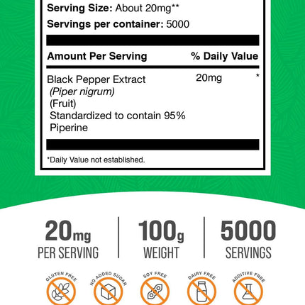 BulkSupplements Black Pepper Extract Powder – Piperine 20 mg/Serving, Vegan & Gluten Free, 100 g (3.5 oz) Pack of 1