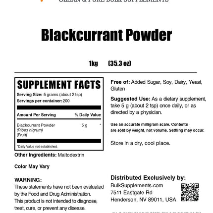 BulkSupplements Blackcurrant Powder - 1kg (2.2 lbs) | Gluten Free, Air Dried, 5g Serving