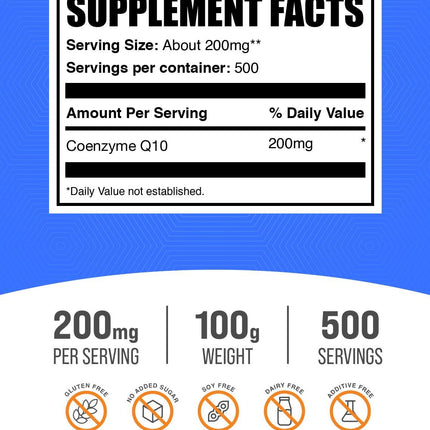 BulkSupplements CoQ10 Powder 200mg – Gluten Free, 100g Jar