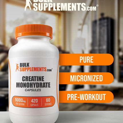 BulkSupplements Creatine Monohydrate Capsules – Micronized, 5000mg per Serving | Gluten Free | 420 Count