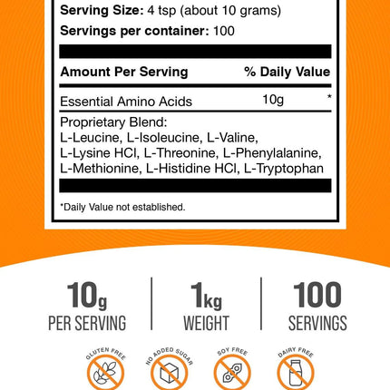 BulkSupplements Essential Amino Acids Powder – Unflavored, Gluten-Free EAA, 10 g Serving, 1 kg (Pack of 1)