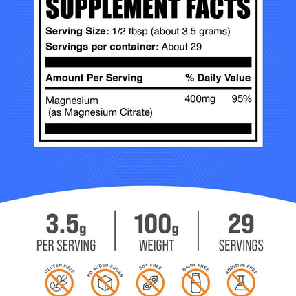 BulkSupplements Magnesium Citrate Powder 400mg | Gluten Free, Easy Absorption (100g x2)