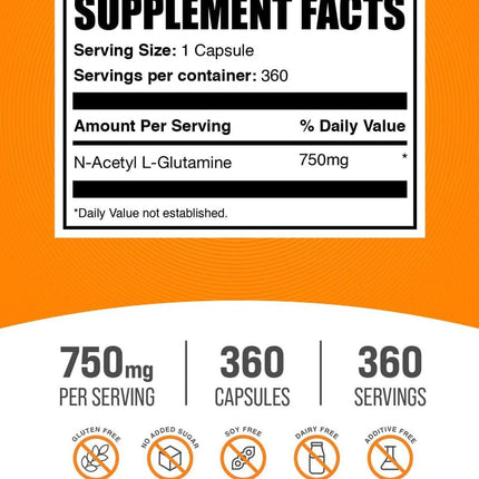 N-Acetyl L-Glutamine Capsules 750mg – Gluten Free (360 ct) | BulkSupplements