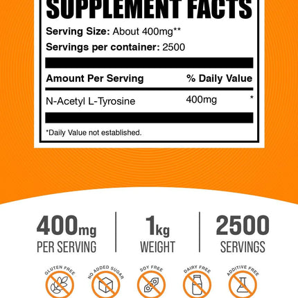 N-Acetyl L-Tyrosine Powder (NALT) – 400 mg/Serving, 1 kg, Unflavored | BulkSupplements