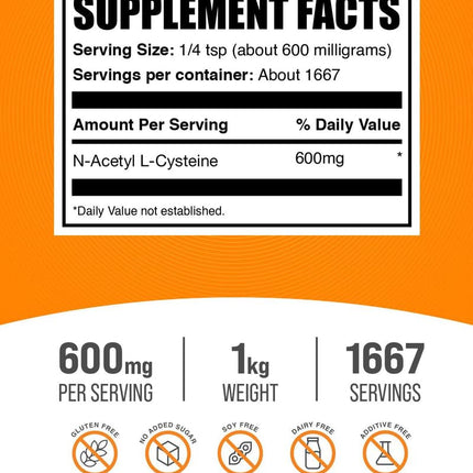 BulkSupplements NAC Powder 600mg – N-Acetyl Cysteine Supplement, Gluten Free, 1kg (1667 Servings)