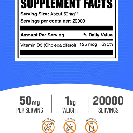 BulkSupplements Vitamin D3 Powder – 5,000 IU per Serving, 1kg (Gluten Free) | Cholecalciferol