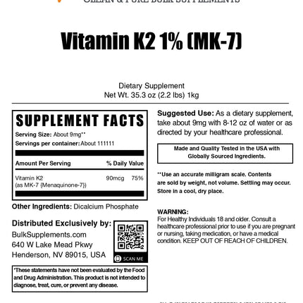 Vitamin K2 MK-7 Powder – 9 mg/Serving, 1kg | Gluten Free