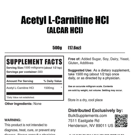 BulkSupplements Acetyl L-Carnitine Powder (ALCAR HCl) – 1.5 g Serving, 500 g, Gluten Free