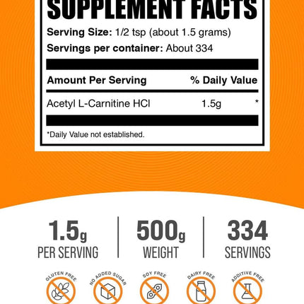 BulkSupplements Acetyl L-Carnitine Powder (ALCAR HCl) – 1.5 g Serving, 500 g, Gluten Free