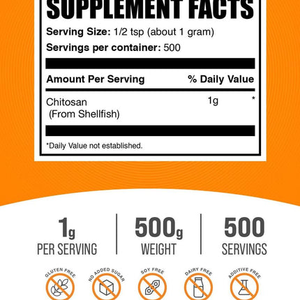 BulkSupplements Chitosan Powder – Gluten Free Fiber Supplement, 1g/Serving, 500g