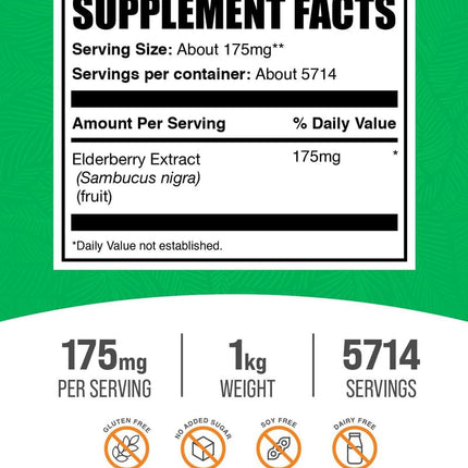BulkSupplements Elderberry Extract Powder – Black Elderberry, 1kg, Gluten Free | 175 mg per Serving