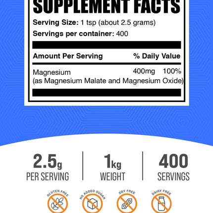 BulkSupplements Magnesium Malate Powder 1kg – Unflavored, Gluten Free, High Bioavailability