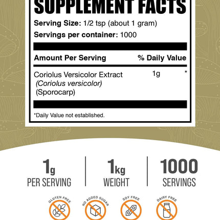 BulkSupplements Turkey Tail Mushroom Extract Powder – Coriolus Versicolor, Vegan & Gluten Free, 1kg