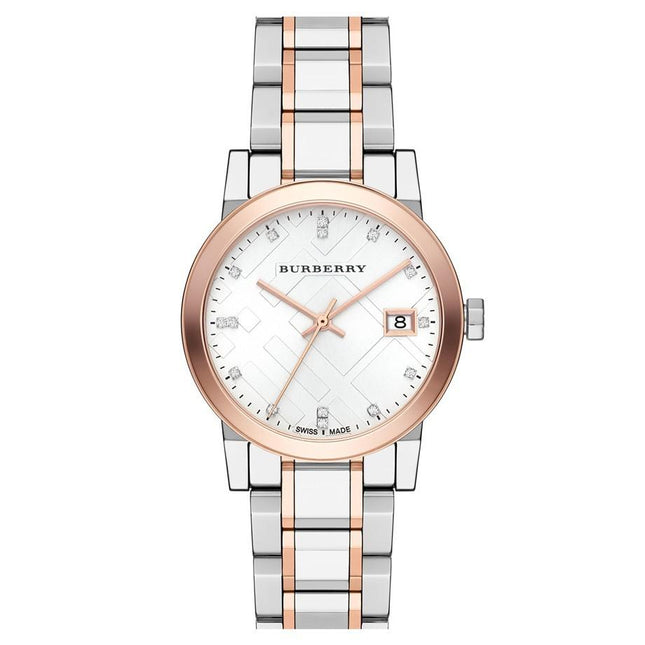 Burberry Ladies Watch Diamond Check Stamped 34mm Two Tone Rose Gold BU9127