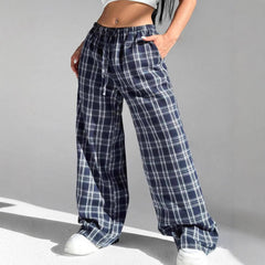 Women's Casual All-match Loose Drawstring Plaid Pocket Trousers