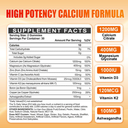 Calcium 1200 mg Gummies with Vitamin D3 – Calcium Citrate, K2 & Ashwagandha