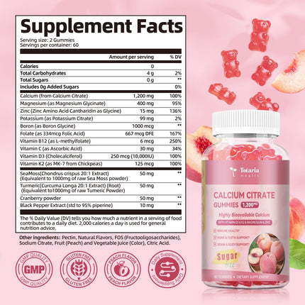 2 Pack Calcium Citrate Gummies 1200 mg – Peach Flavor, Vitamin D3 & K2