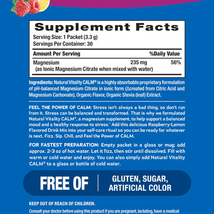 Natural Vitality CALM Magnesium Citrate Drink Mix – Raspberry Lemon, 30 Packets