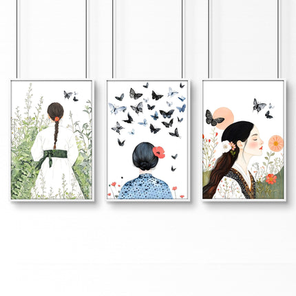 Canvas Pictures For Living Room | Set of 3 Boho Women Wall art Prints