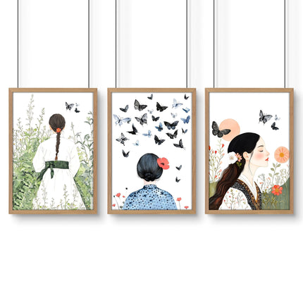 Canvas Pictures For Living Room | Set of 3 Boho Women Wall art Prints