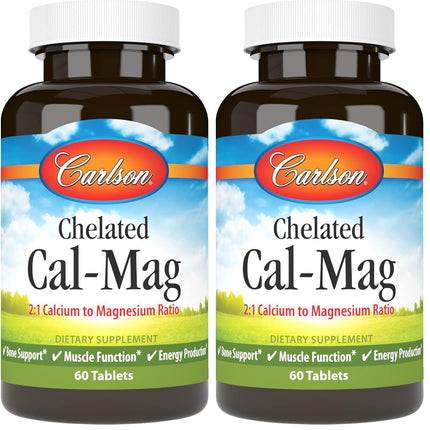 Carlson Chelated Cal-Mag 2:1 | Bone Support, Muscle Function & Energy | 60 Tablets (Pack of 2)