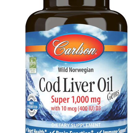 Carlson Cod Liver Oil 1000 mg + Vitamins A & D3 | Wild Norwegian, Sustainably Sourced | 100 Softgels