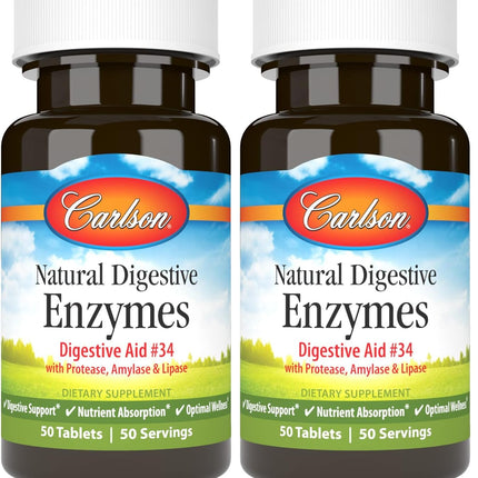Carlson Natural Digestive Enzymes – Protease, Amylase & Lipase Digestive Aid, 50 Tablets (Pack of 2)
