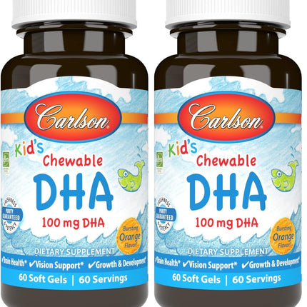 Carlson Kid's Chewable DHA 100 mg – Brain & Vision Support, Orange, 60 Softgels (Pack of 2)