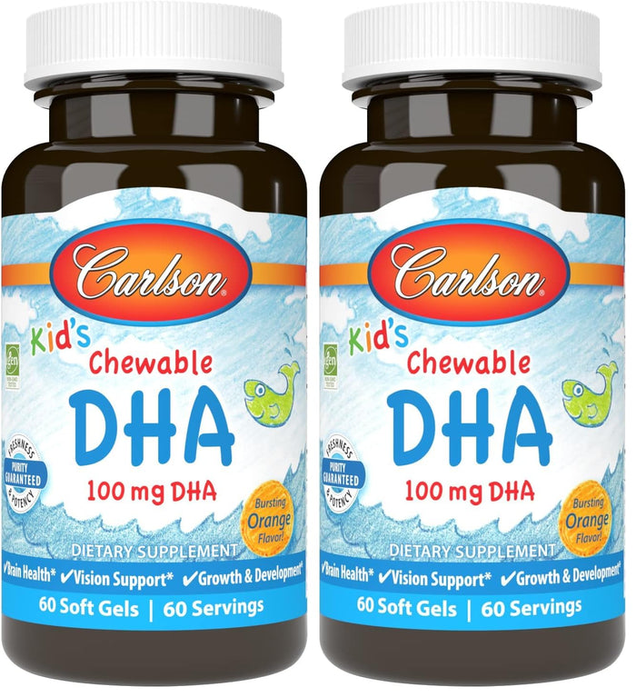 Carlson Kid's Chewable DHA 100 mg – Brain & Vision Support, Orange, 60 Softgels (Pack of 2)