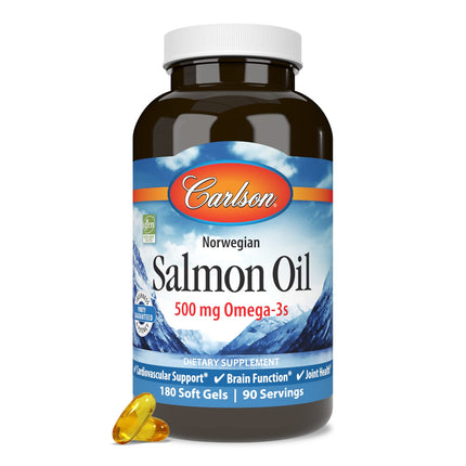 Carlson Salmon Oil 500 mg Omega-3 — Norwegian Wild-Caught, Sustainably Sourced, 180 Softgels