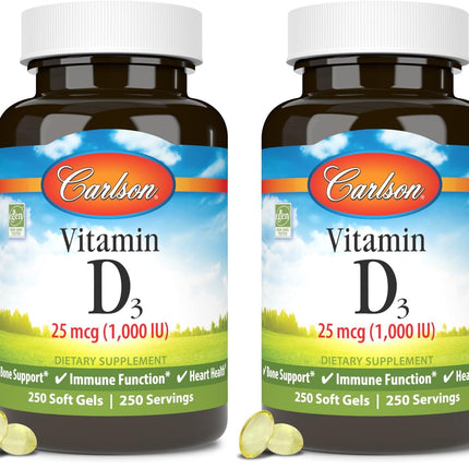 Carlson Vitamin D3 1000 IU Soft Gels – Bone & Muscle Health (2-Pack, 250 Softgels Each)