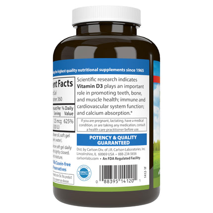 Carlson Vitamin D3 5000 IU Soft Gels – Bone & Muscle Health (360 Softgels)