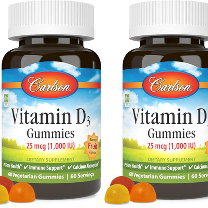 Carlson Vitamin D3 Gummies 1000 IU – Bone Health & Immune Support (Pack of 2, 60 Veg Gummies)