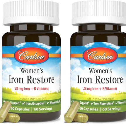 Carlson Women's Iron Restore - 28 mg Iron + B Vitamins for Menstrual Support, Iron Absorption & Women's Health | 60 Capsules (Pack of 2)